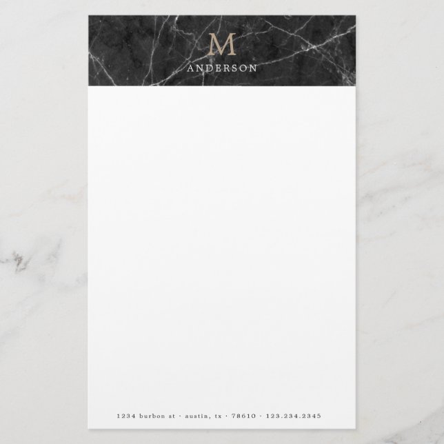 Papelería monograma masculino de mármol negro (Anverso)