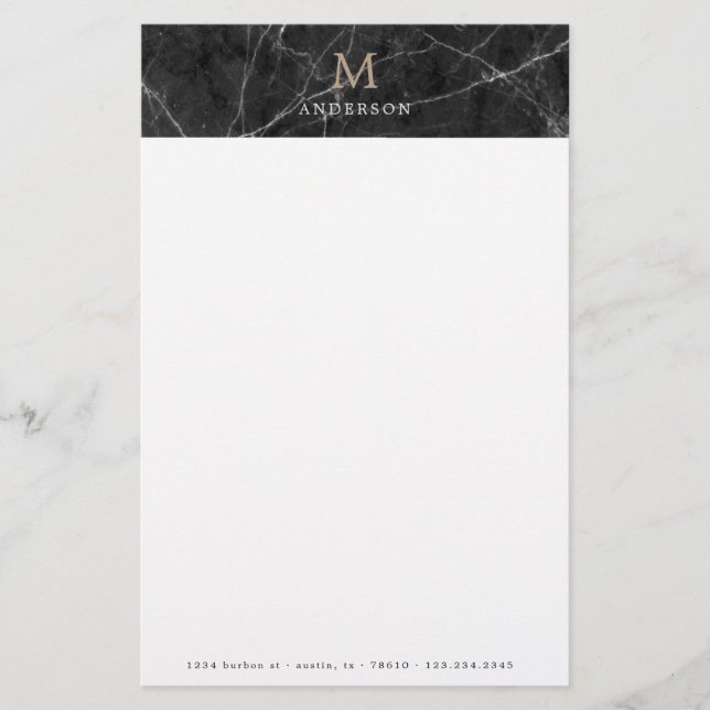 Papelería monograma masculino de mármol negro (Anverso)