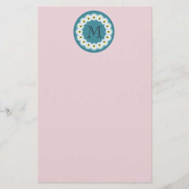 Papelería Monograma moderno de abejas personalizados niñas (Anverso)