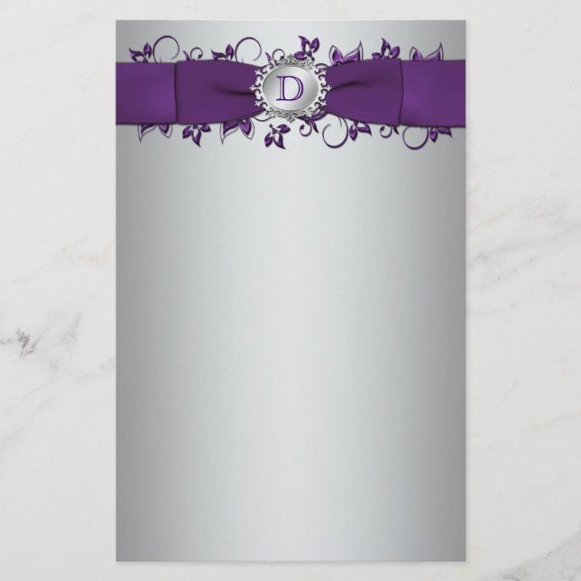 Papelería Monograma morado, plateado Boda floral (Anverso)