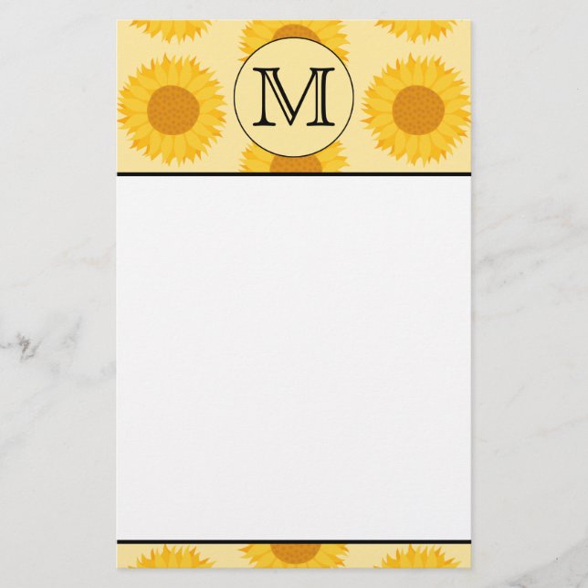 Papelería Monograma Personalizado, con girasoles amarillos. (Anverso)