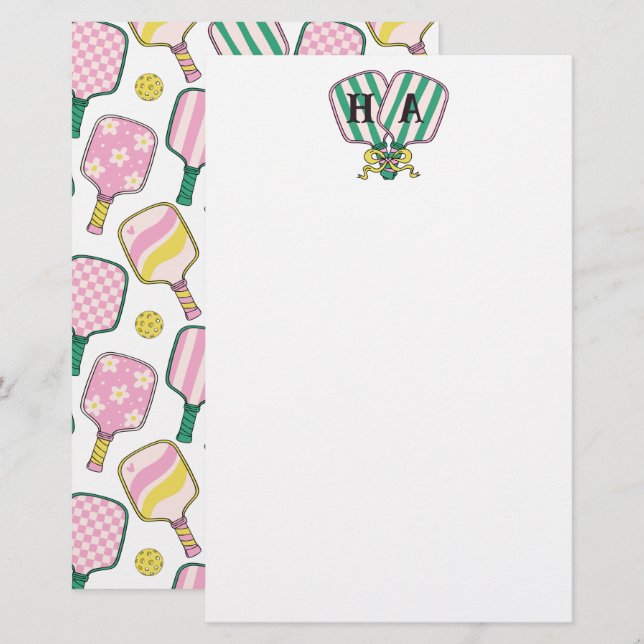 Papelería Monograma verde rosado precoz y pelota amarilla (Anverso / Reverso)