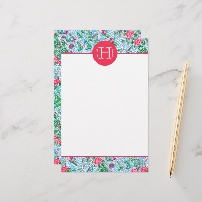 Papelería Monogramación del patrón de Nantucket Preppy Palm  (Anverso/Reverso In Situ)