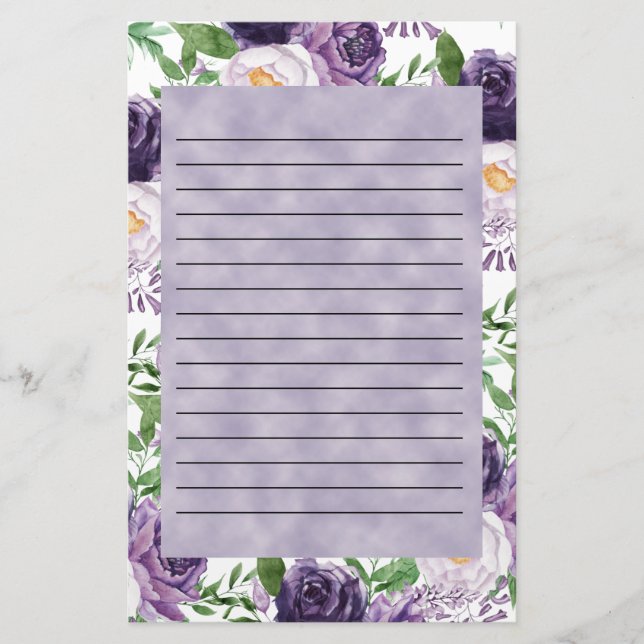 Papelería Morado Lavanda Peonies Floral Llenado (Anverso)