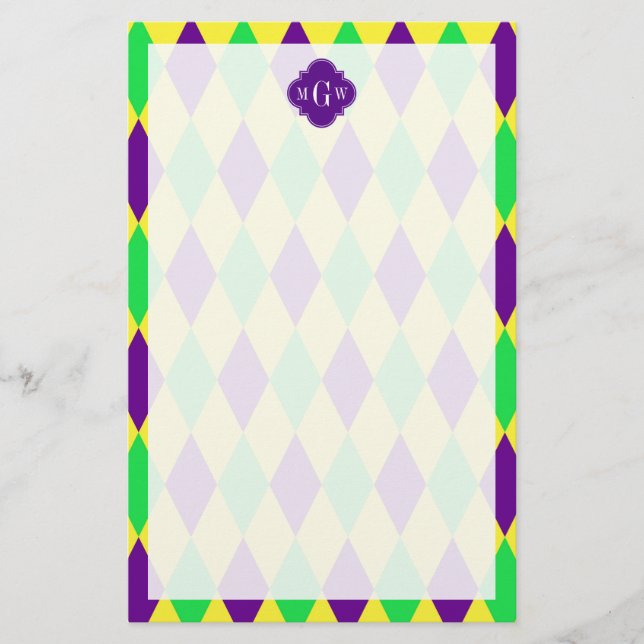 Papelería Morado Yellow Green Harlequin Purp Quat 3 Monogram (Anverso)