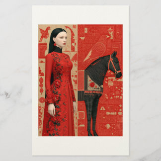 Papelería Mujer con un vestido rojo con flores y caballo neg