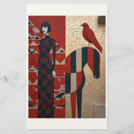 Papelería Mujer con vestido florido, caballo a cuadros y ave