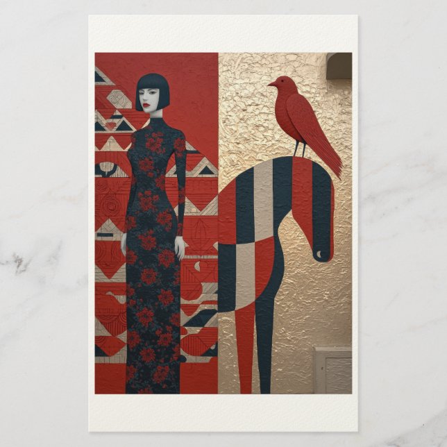 Papelería Mujer con vestido florido, caballo a cuadros y ave (Anverso)