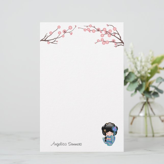 Papelería Muñeca Keiko Kokeshi - Chica de Kimono azul Geisha (Anverso de pie)