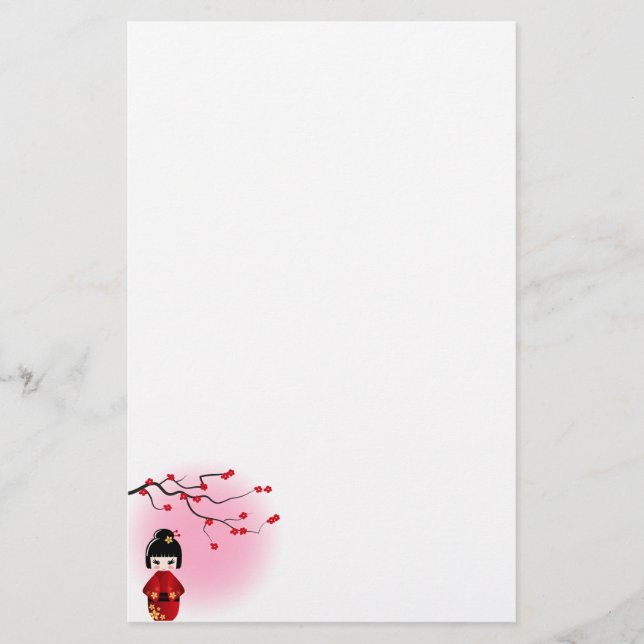 Papelería muñeca kokeshi japonesa en flores de sakura (Anverso)