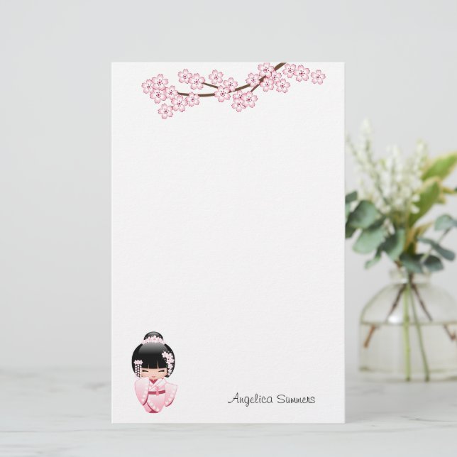 Papelería Muñeca Kokeshi Kimono Rosa (Anverso de pie)