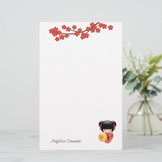 Papelería Muñeca roja Sakura Kokeshi - Chica japonés de geis (Anverso de pie)