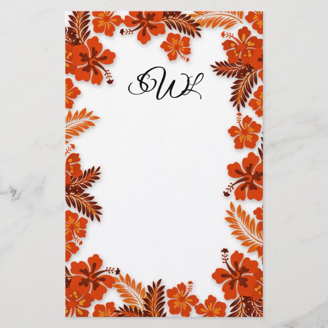 Papelería Naranja Hibiscus Border Monogrammed Blank Paper (Anverso)
