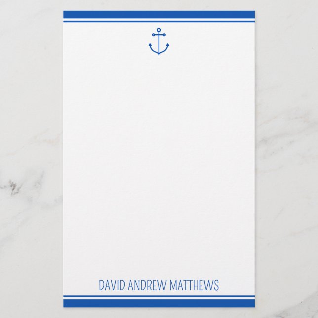 Papelería Nautical Navy Anchor azul y blanco personalizado (Anverso)