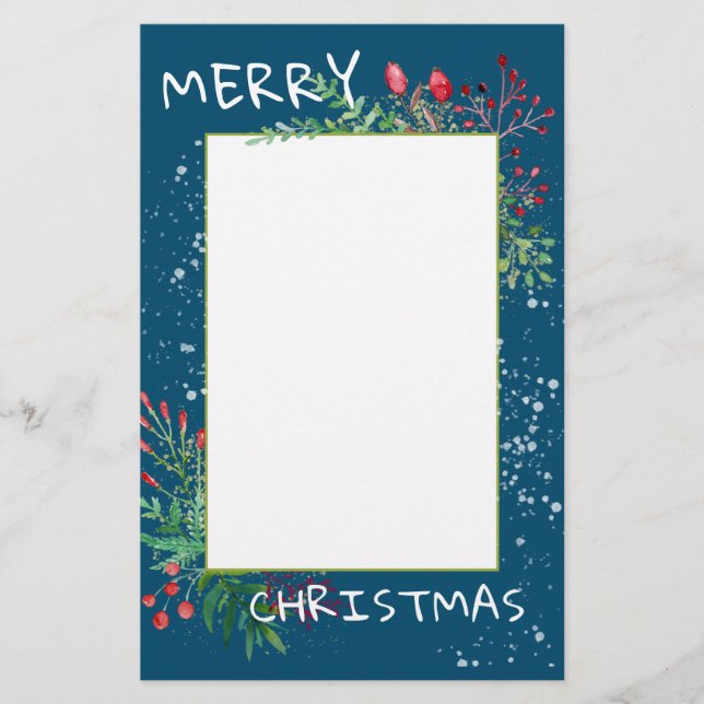 Papelería Navidades Cute Watercolor Winter Greenery Blue (Anverso)