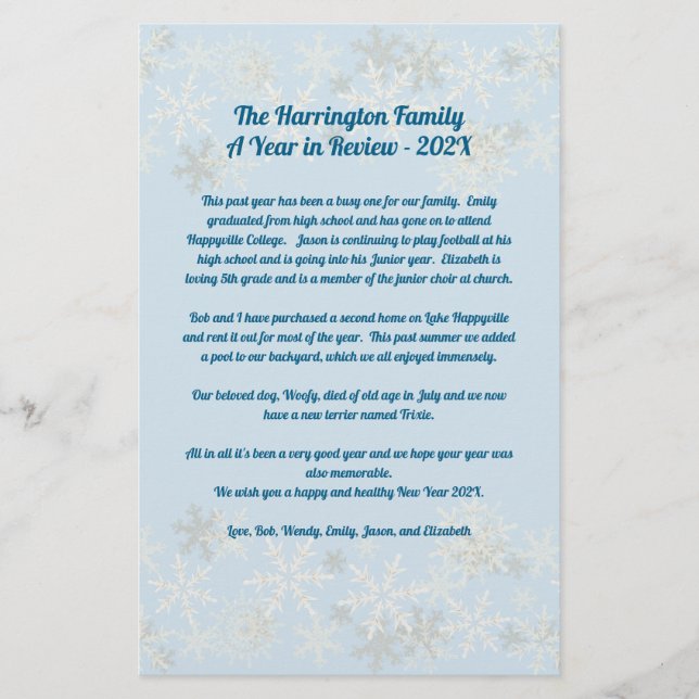 Papelería Navidades de copos de nieve dicen año familiar en  (Anverso)
