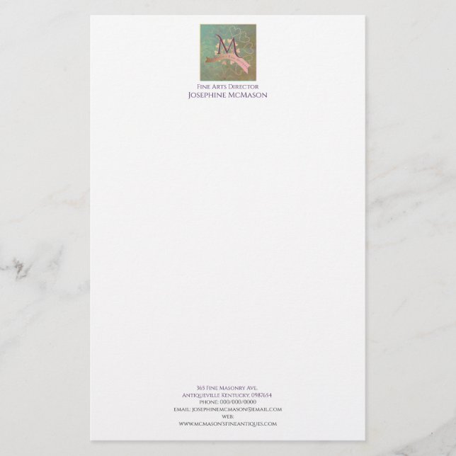 Papelería Negocio de monograma Verde azulado y Rubor (Anverso)