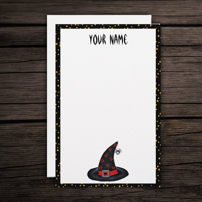 Papelería Negro con Gorra Estrellas Spider Naranjas puntos e (Black witch hat spider orange stars on white with black and orange dotted border paper stationery.)