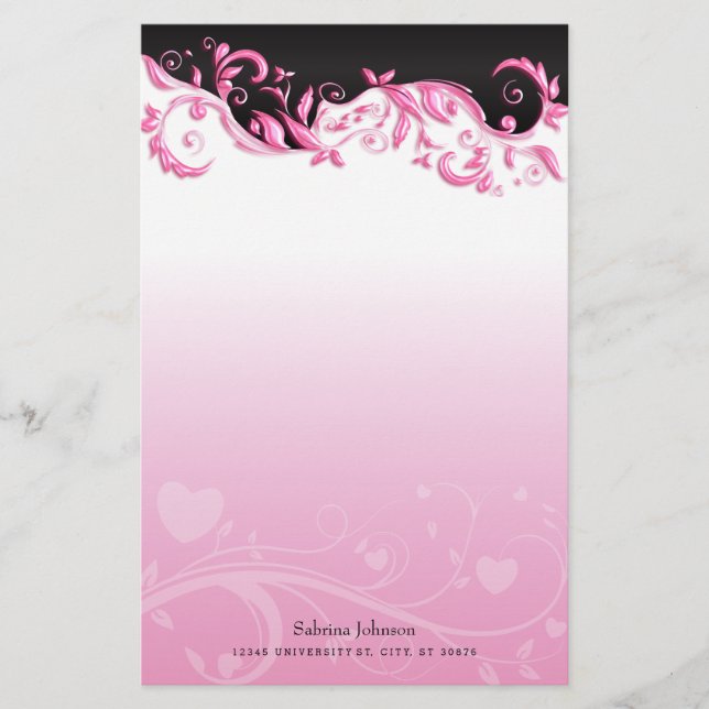 Papelería Negro y rosa adornados en pendiente rosada (Anverso)