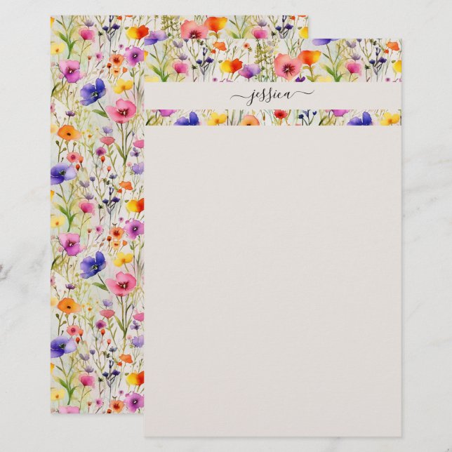 Papelería Nombre del guión elegante de flores silvestres (Anverso / Reverso)