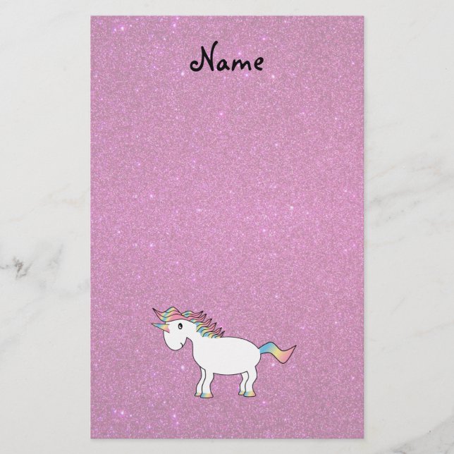 Papelería Nombre personalizado purpurina rosa unicorn (Anverso)