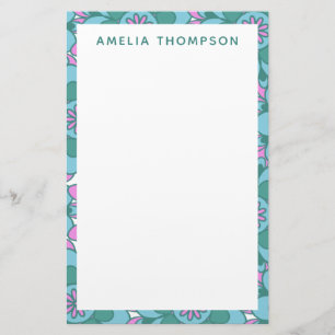 Papelería Nombre Personalizado Retro Floral Verde Purpura 