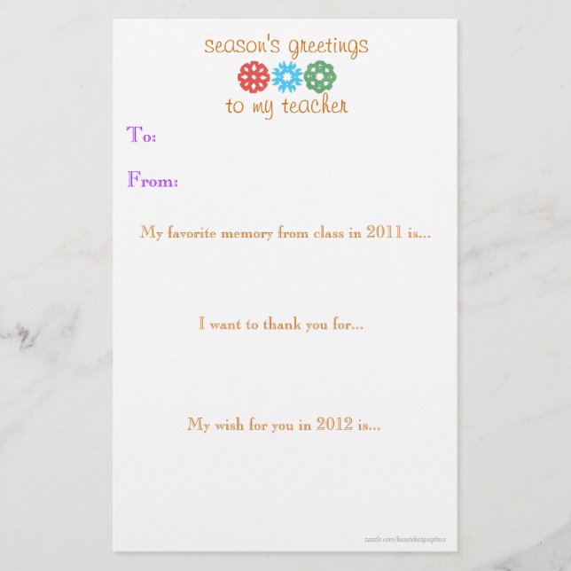 Papelería Nota de regalo de vacaciones para el maestro 2011  (Anverso)