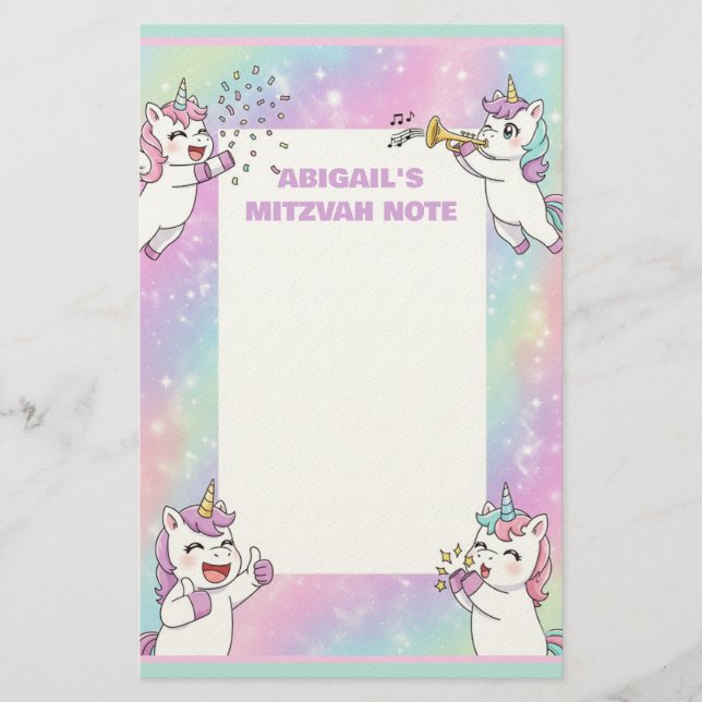 Papelería Nota personalizada de Mitzvah Cute rosa unicornio (Anverso)