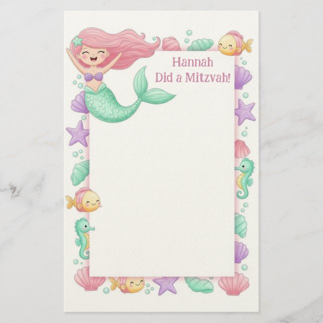 Papelería Nota personalizada de Mitzvah de Sirena (Anverso)