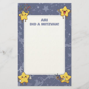 Papelería Nota personalizada de Mitzvah Estrellas moradas de