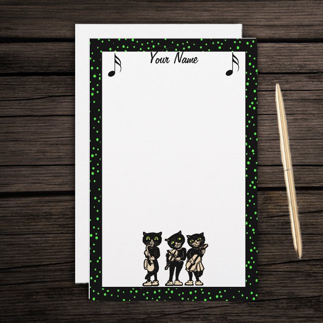 Papelería Notas musicales del músico Vintage Black Cats (Three black cat musicians playing instruments green dotted black border on white stationery paper.)