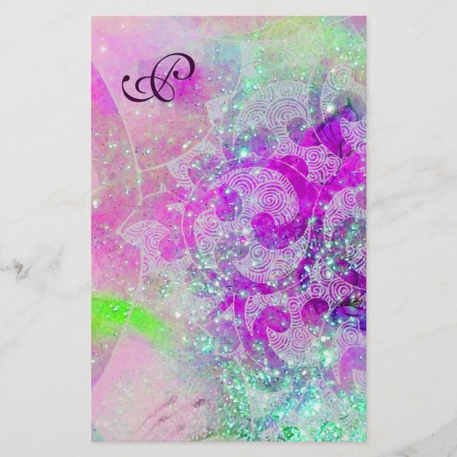 Papelería OLAS ABSTRACTAS Azul,Monograma Boda rosado morado (Anverso)