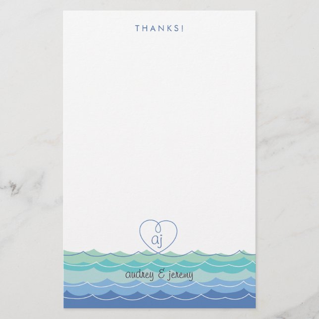 Papelería Olas azules Loopy Heart Gracias Stationery (Anverso)