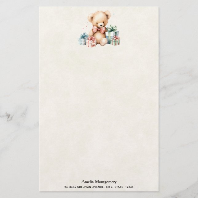 Papelería Oso de peluche con regalo de Navidad (Anverso)