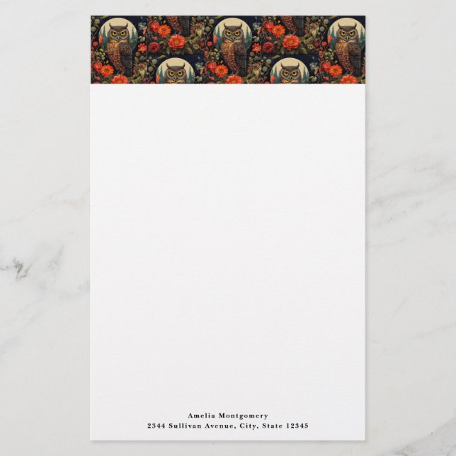 Papelería Owl at Night with a Full Moon Pattern (Anverso)