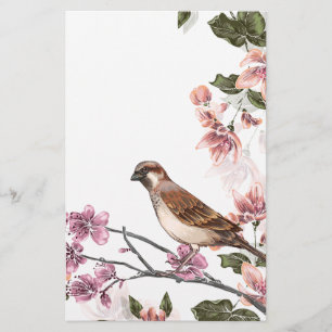 Papelería Pájaro en una rama con los flores rosados