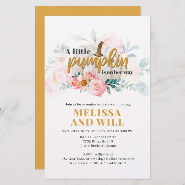 Papelería Parejas de calabaza Invitación floral Baby Shower (Anverso / Reverso)