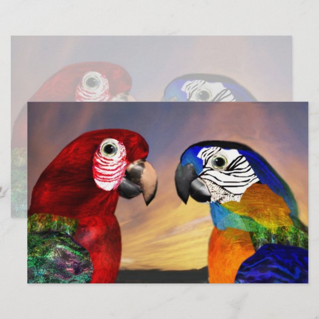 Papelería PARROS HIPEROS / ARA ROJO Y AZUL ,ESCINA verde (Anverso / Reverso)