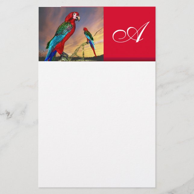 Papelería PARROS HYPER / ARA ROJO MONOGRAM ,blanco (Anverso)