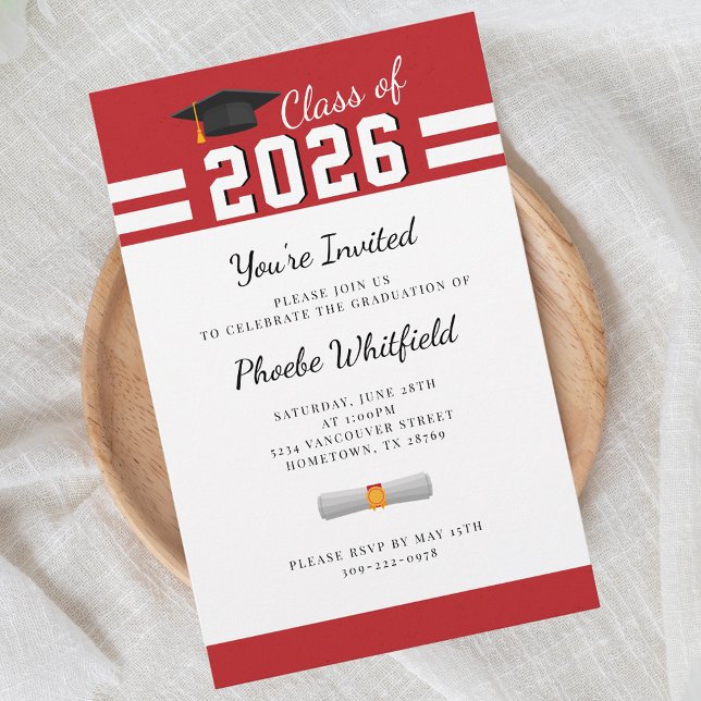 Papelería Partido de Graduación Blanca Roja de Graduación 20 (Graduation 2025 Red White Bold Grad Party Invitation)