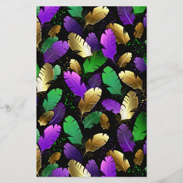 Papelería Patrón continuo con plumas de Mardi Gras (Anverso)