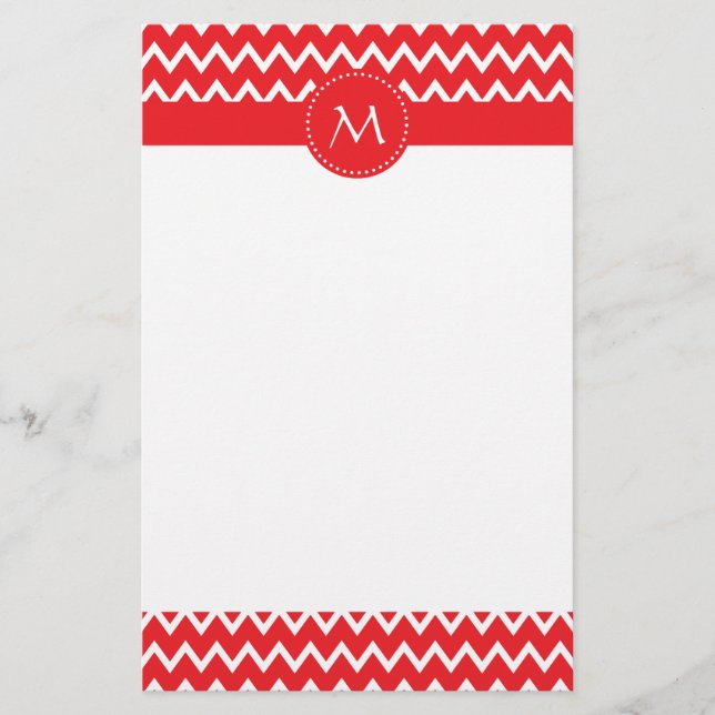 Papelería Patrón de cheurón blanco y rojo monogramado (Anverso)