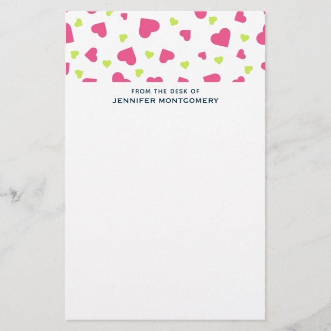 Papelería Patrón de corazones tumultuosos verde y rosa (Anverso)