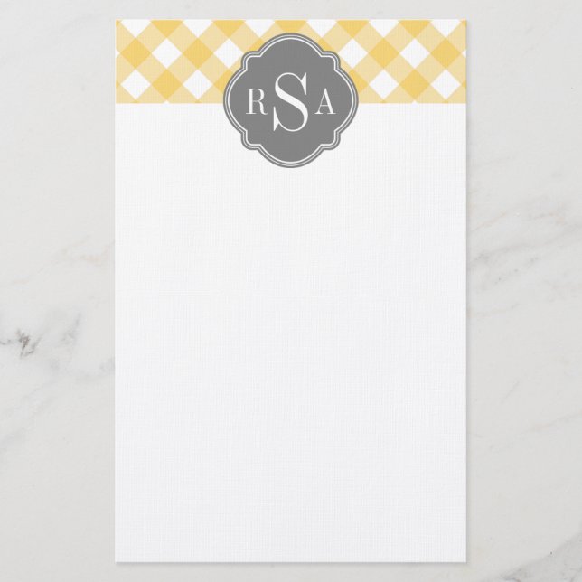 Papelería Patrón de Gingham amarillo Gris Triple Monograma (Anverso)