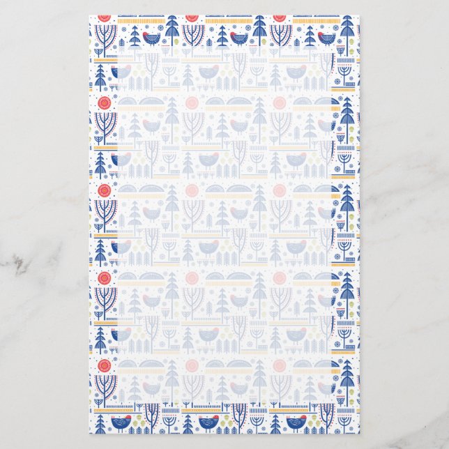 Papelería Patrón de pájaro de invierno de arte popular (Anverso)