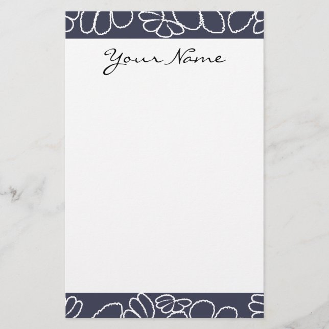 Papelería Patrón floral de Ikat azul marino monograma (Anverso)