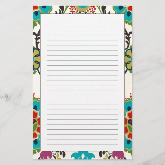 Papelería Patrones florales de Damasco Pluma Turquesa (Anverso)