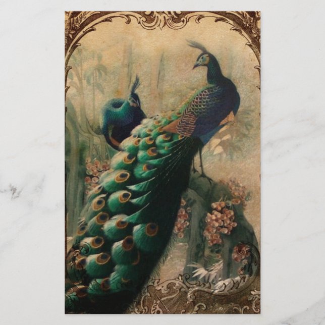 Papelería pavo real victoriano con flores (Anverso)