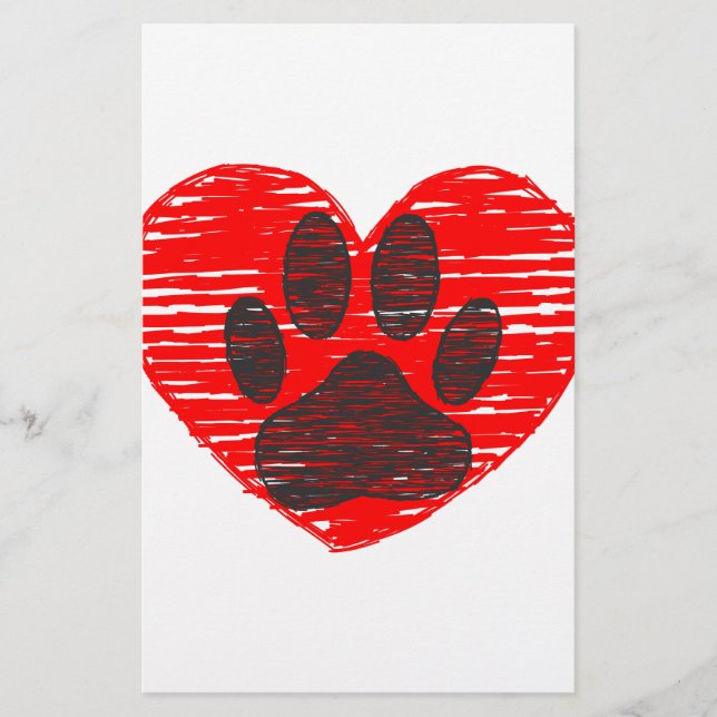 Papelería Paw De Perro Esbozada En El Corazón Rojo (Anverso)