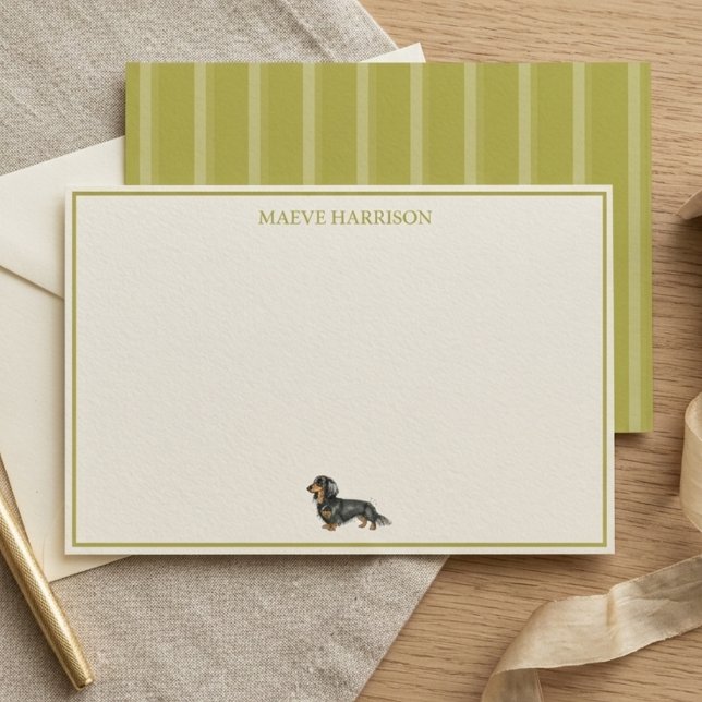 Papelería Perrito salchicha de rayas chartreuse elegante (Preppy Chartreuse Stripe Dachshund Stationery)